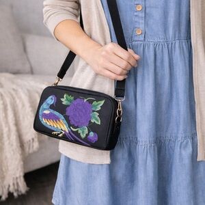 Embroidered Bird Peacock & Floral Expandable Crossbody Wallet Bag Travel Boho